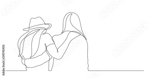 two standing friends hugging - one line drawing