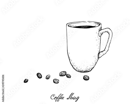 Illustration Hand Drawn Sketch of Coffee Mug with Roasted Coffee Bean Isolated on White Background.