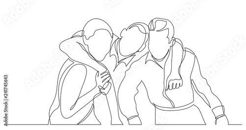 three friends hugging together - one line drawing