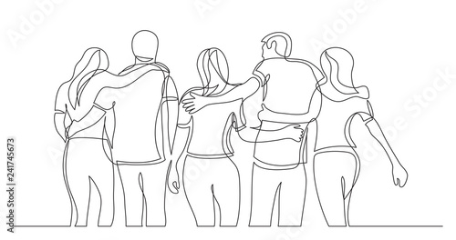 young friends standing together holding hands - one line drawing
