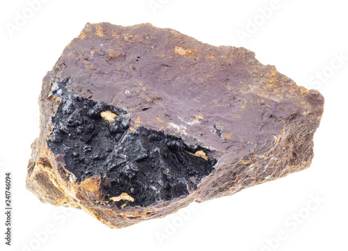 black Goethite in raw Limonite stone on white