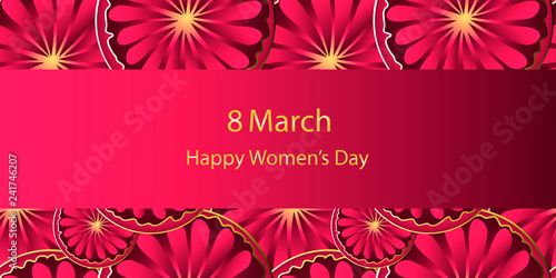 Abstract art vector illustration. Text 8 march happy women's day. Hand drawn  background gradient abstract lipstick flowers. Template for greeting card, typographic print, sale flyer, festive banner.