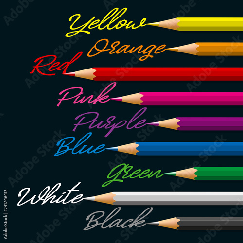 Alignement de crayons de coloris différents, associés par les mots, à leurs couleurs respectives