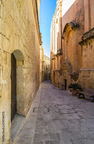 Mdina, Malta, old town narrow street with yellow stone buildings © eshana_blue