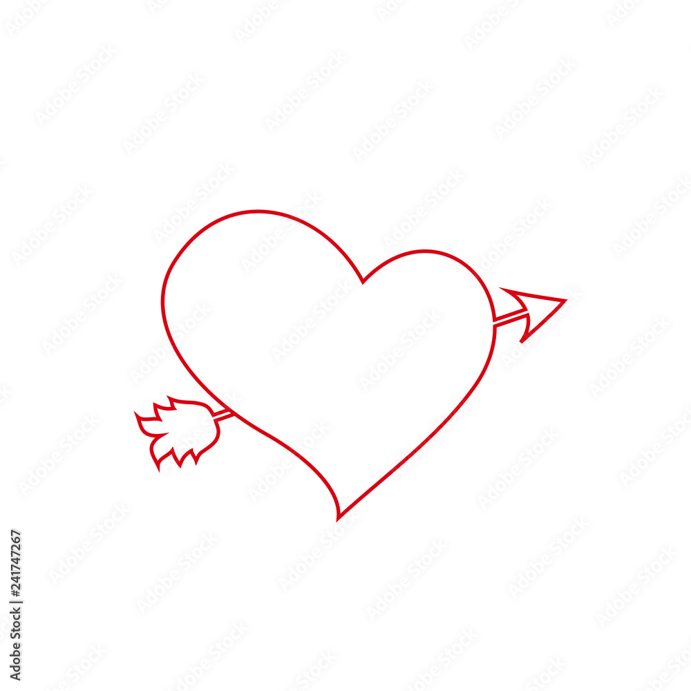 red outline   heart pierced with arrow on white background.