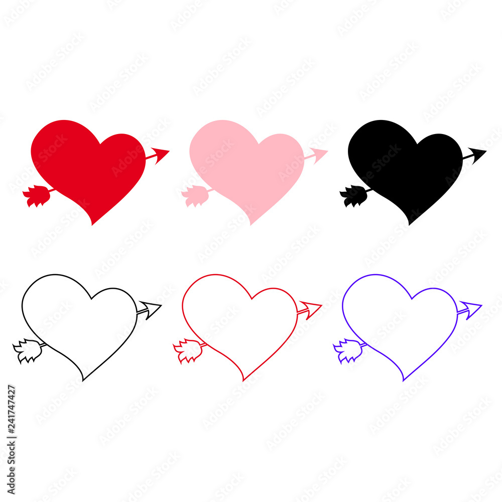  icons set of different hearts pierced with arrow on white background.