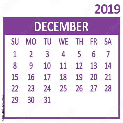 December. Twelfth page of set. Calendar 2019, template. Week starts from Sunday. Vector illustration