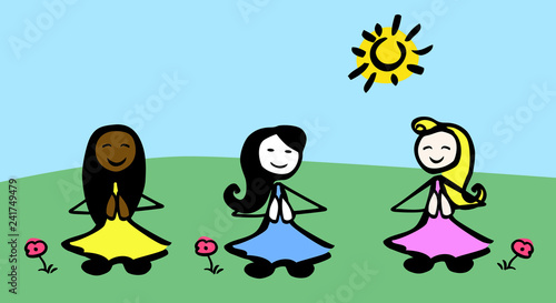 3 colorful female stick persons meditating on a meadow by jziprian
