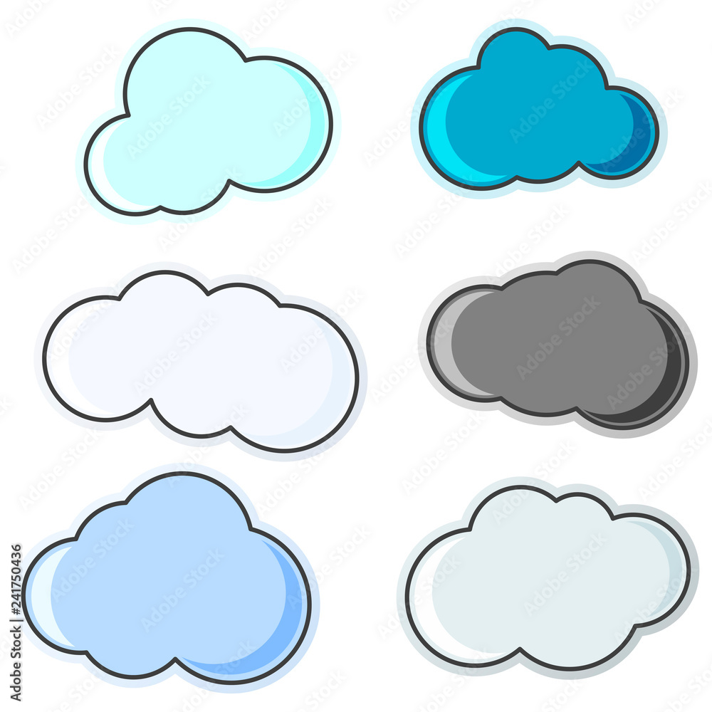 A group of cloud icons of various shapes and colors. Isolated vector illustration on white background.