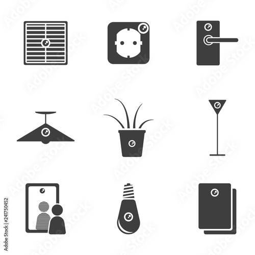 Set of hidden camera icons in various places of office and home interior. Vector on white background.