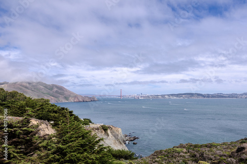 Photography Wide angle view of the Golden Gate Bridge in San Francisco as seen from the Mari