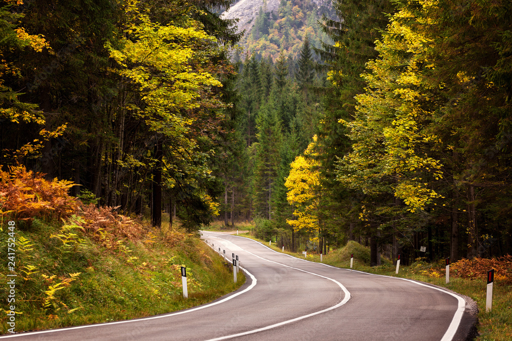 Fototapeta premium A road thru mountain pass in Dolomites during autumn with beautiful colors, Italy, Europe