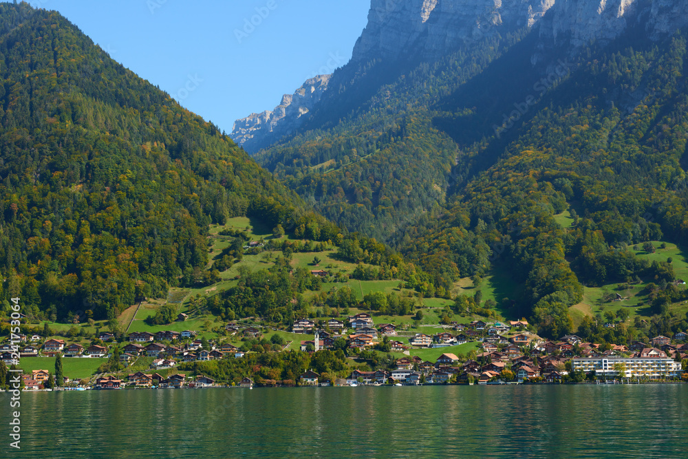 Merligen village view from Lake Thun in the Bernese Oberland region in Switzerland.