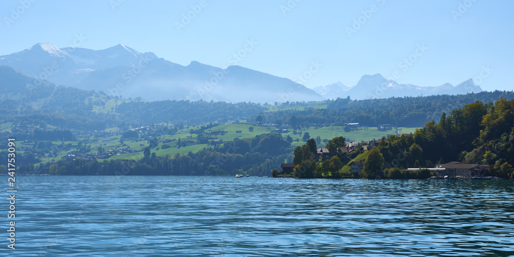 Panorama view of Lake Thun in the Bernese Oberland region in Switzerland.