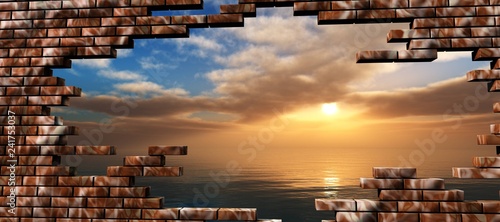 Sea sunset in the breaking of a brick wall,
 photo