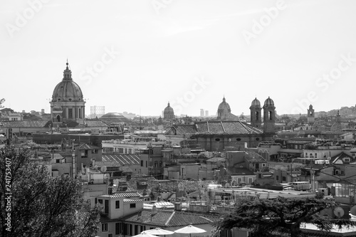 Black and white image rooftop view cityscape of Rome, Italy.