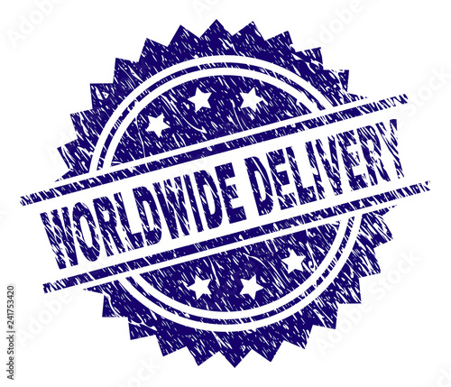 WORLDWIDE DELIVERY stamp seal watermark with distress style. Blue vector rubber print of WORLDWIDE DELIVERY caption with scratched texture.