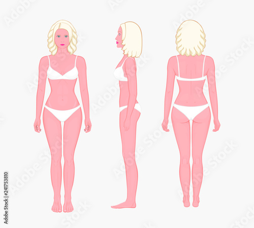 European blonde woman naked body standing in full growth in underwear. Front, side and back view. Vector illustration for advertising, medical (health care), bodybuilding, sport publications