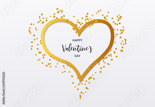 Happy Valentine's Day card with abstract heart and confetti in golden color.