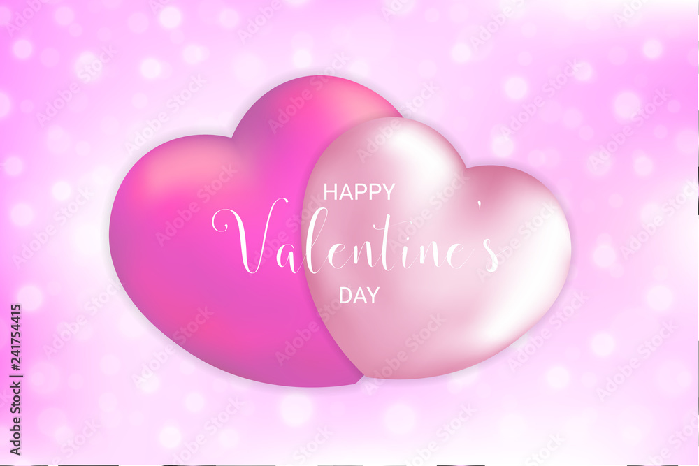 Happy Valentine's Day card with two 3d hearts and bokeh background.