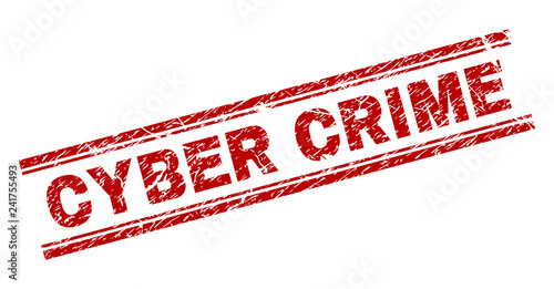 CYBER CRIME seal print with distress effect. Red vector rubber print of CYBER CRIME text with unclean texture. Text title is placed between double parallel lines.