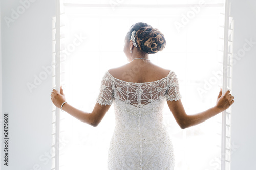Rear view of bride standing in wedding dress photo