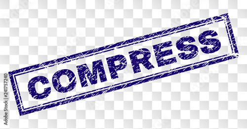 COMPRESS stamp seal print with rubber print style and double framed rectangle shape. Stamp is placed on a transparent background. Blue vector rubber print of COMPRESS title with unclean texture.