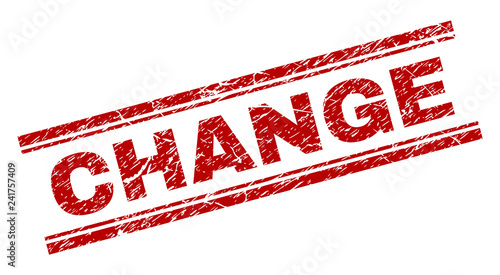 CHANGE seal print with distress texture. Red vector rubber print of CHANGE label with unclean texture. Text label is placed between double parallel lines.