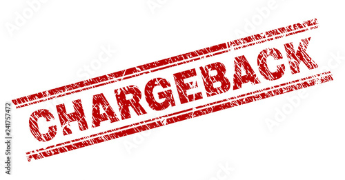 CHARGEBACK seal stamp with grunge texture. Red vector rubber print of CHARGEBACK title with unclean texture. Text caption is placed between double parallel lines.
