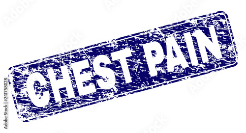 CHEST PAIN stamp seal print with grunge texture. Seal shape is a rounded rectangle with frame. Blue vector rubber print of CHEST PAIN label with grunge style.