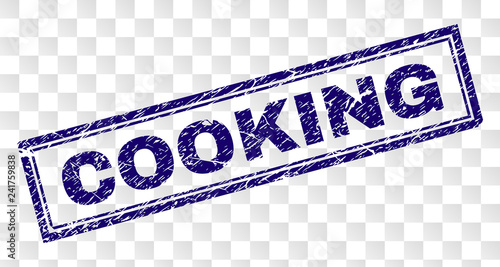 COOKING stamp seal print with rubber print style and double framed rectangle shape. Stamp is placed on a transparent background. Blue vector rubber print of COOKING tag with unclean texture.
