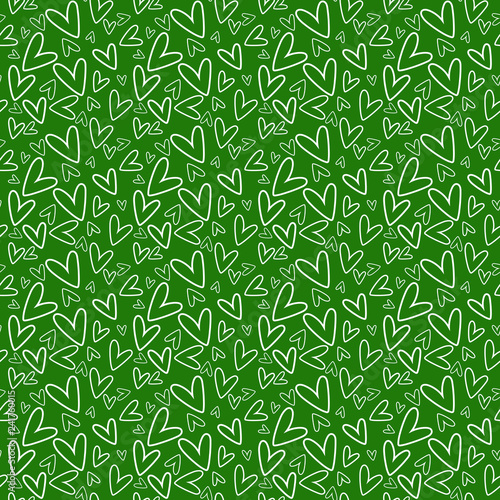 Hand Drawn Hearts Seamless Pattern - White hand drawn hearts on green background