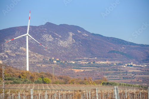 Wind turbine on mountains. Production of clean and renewable energy. Trentino, Italy