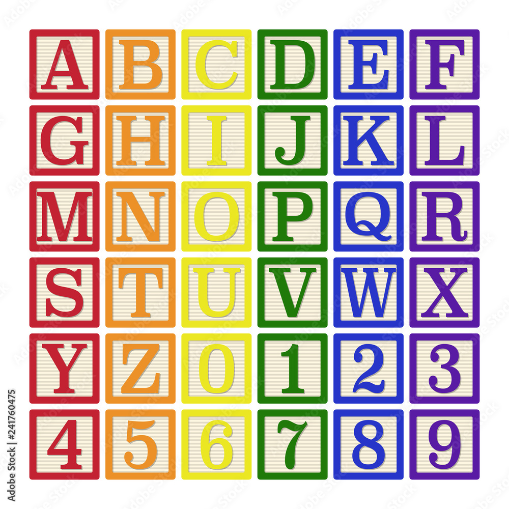 Rainbow Alphabet Blocks - Complete set of 26 letter blocks (A through Z) and 10 number blocks (0 through 9) Rainbow Alphabet Blocks - Complete set of 26 letter blocks (A through Z) and 10 number blocks (0 through 9)