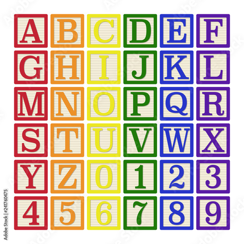 Rainbow Alphabet Blocks - Complete set of 26 letter blocks (A through Z) and 10 number blocks (0 through 9)