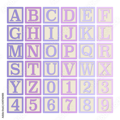 Pink and Purple Alphabet Blocks - Complete set of 26 letter blocks (A through Z) and 10 number blocks (0 through 9)