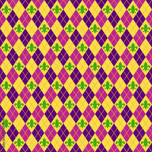Fleur De Lis and Argyle Seamless Pattern - Colorful fleur de lis and argyle pattern for Mardi Gras