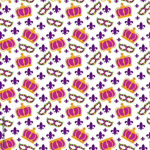 Mardi Gras Seamless Pattern - Crowns, masks, and fleur de lis on white background