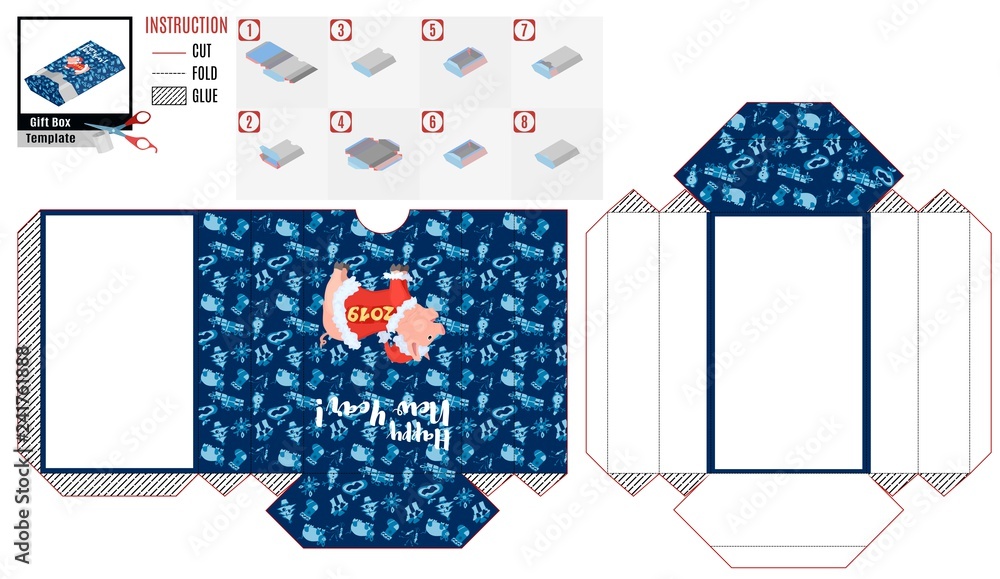 Obraz premium New Year's box template. pig with a smart hat