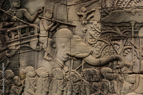 Bas-relief Sculpture at Bayon temple, Angkor Wat, Siem Reap, Cambodia