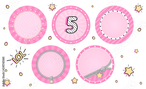 Set of cute vector LOL surprise cupcake toppers. Pink party stickers. Blank background for name, age, text, pictures in center. Round zipper, sunbeam, striped. Little small stars. Tiny sweet design