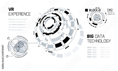 3D Futuristic HUD Technology Elements Design. Big Data, Virtual Reality, Artificial Intelligence, Hologram Screen, Science Fiction, Security System. Vector EPS 10 Illustration