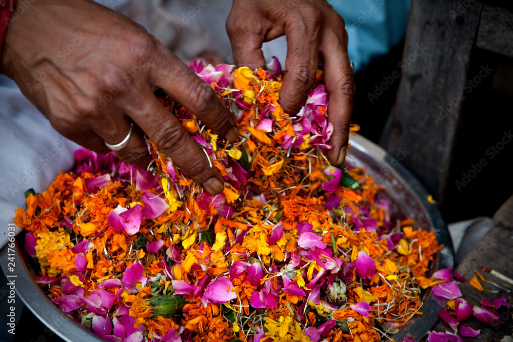 Haridwar, India: Floating offerings are prepared and will be set onto the Ganges at nightfall. Haridwar, India: Floating offerings are prepared and will be set onto the Ganges at nightfall.