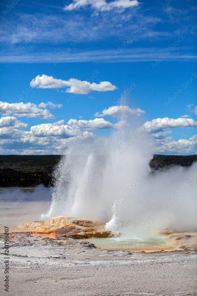 Yellowstone National Park, Wyoming: Geyser erupting in the Geyser Basin. Yellowstone National Park, Wyoming: Geyser erupting in the Geyser Basin.