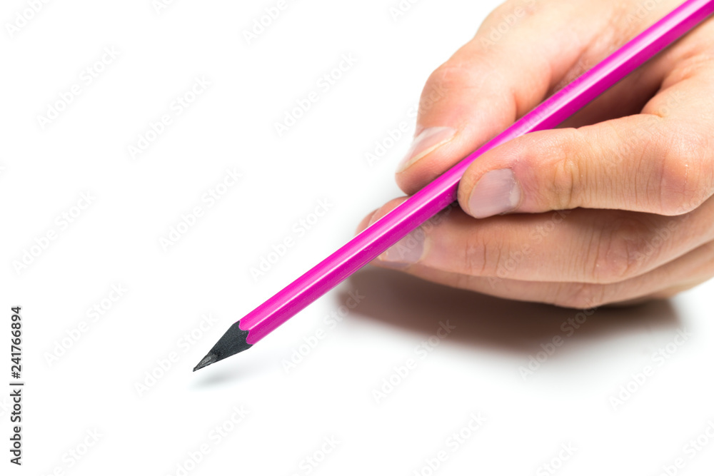 Men's hand holding wooden pencil on isolated backgroung, close up Men's hand holding wooden pencil on isolated backgroung, close up