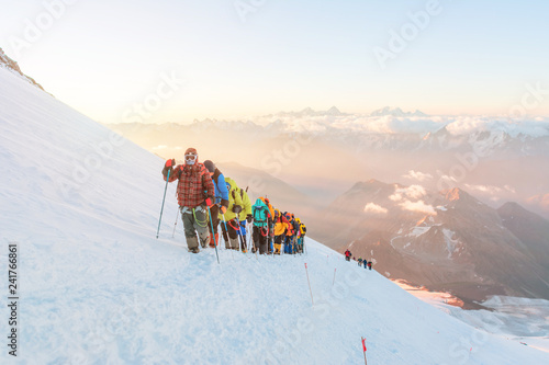 Group of climbers at dawn. Elbrus, altitude of 5200m