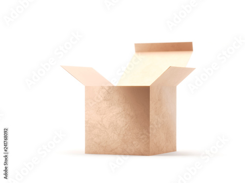 Open gift golden box cardboard mockup. Open carton cardboard box container package for delivery shipping. Present box isolated on white background. 3d Rendering.