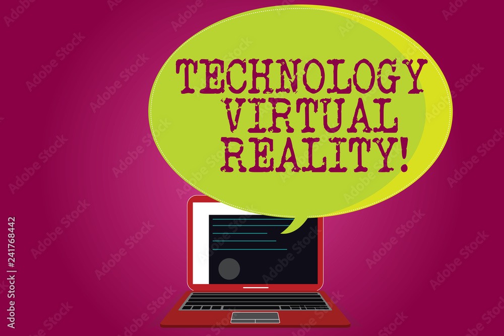 Naklejka premium Conceptual hand writing showing Technology Virtual Reality Business photo text interactive computergenerated experience Certificate Layout on Laptop Screen and Halftone Speech Bubble.
