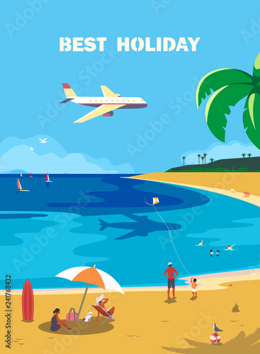 Summer seaside landscape. Blue ocean scenic view poster. Hand drawn cartoon retro style. Holiday family vacation season sea resort travel for leisure. Vector tourist fun trip advertisement background
