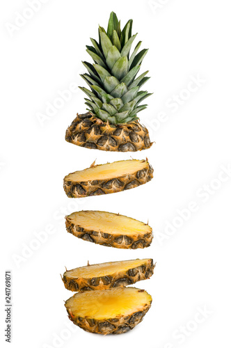 Sliced pineapple white isolated . Healthy tropical fruit eating.Pineapple fall rings